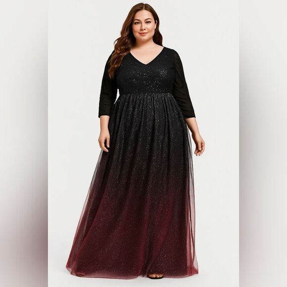 NWT Evening Gown 5X Black Purple Ombre Floor Length Vneck Sheer Overlay Fully Li - Picture 1 of 7